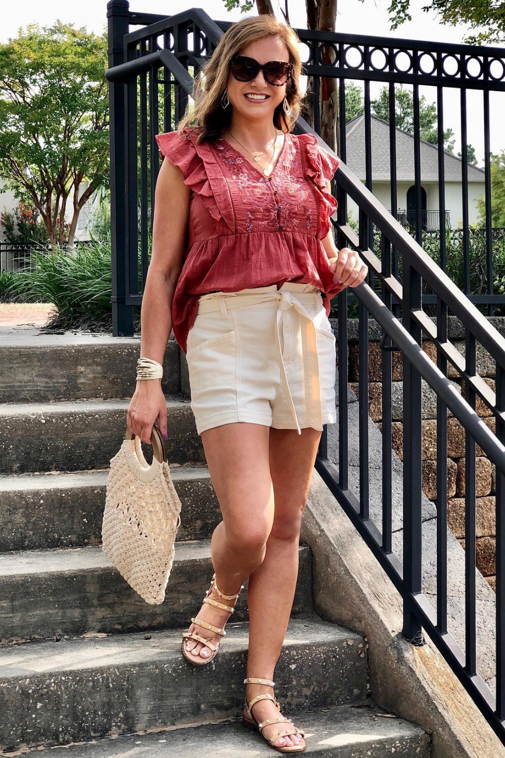 Red Ruffled Sleeve Top and Cream Shorts