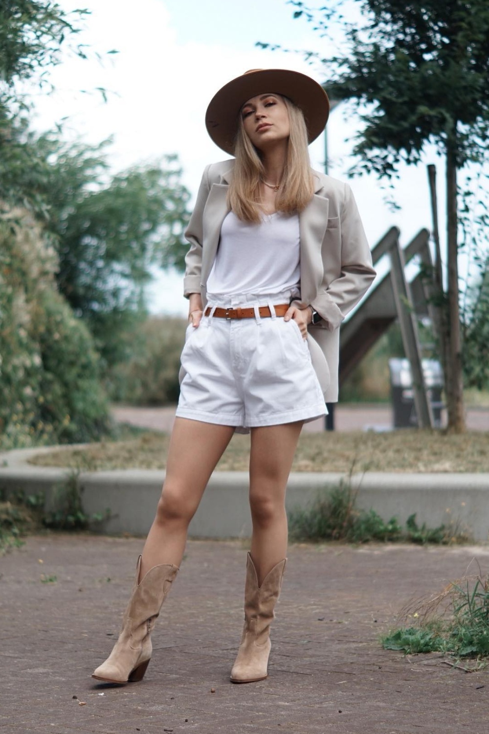 Beige Blazer, White T-Shirt, and White Shorts