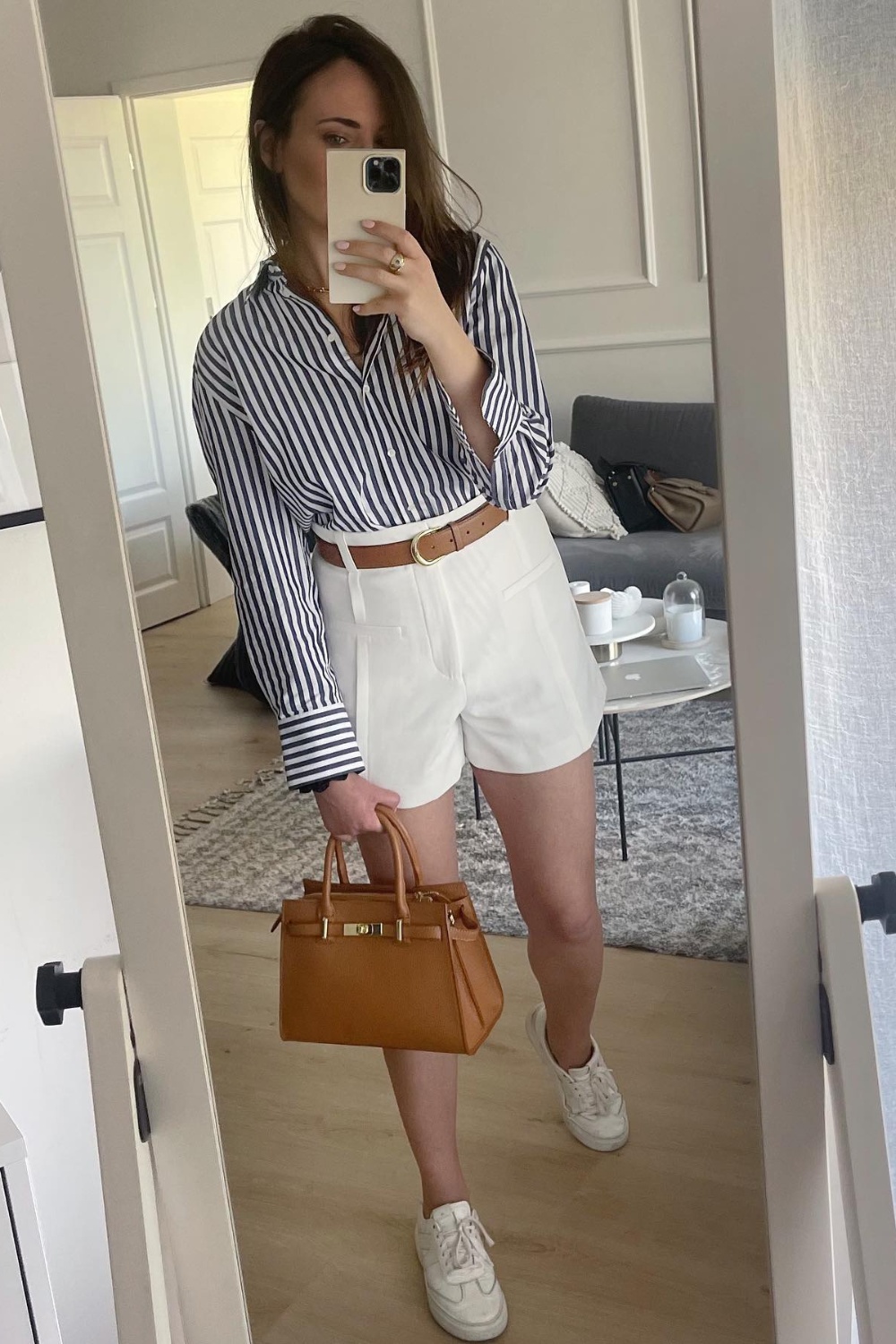 Striped Button-Up Shirt and White Shorts