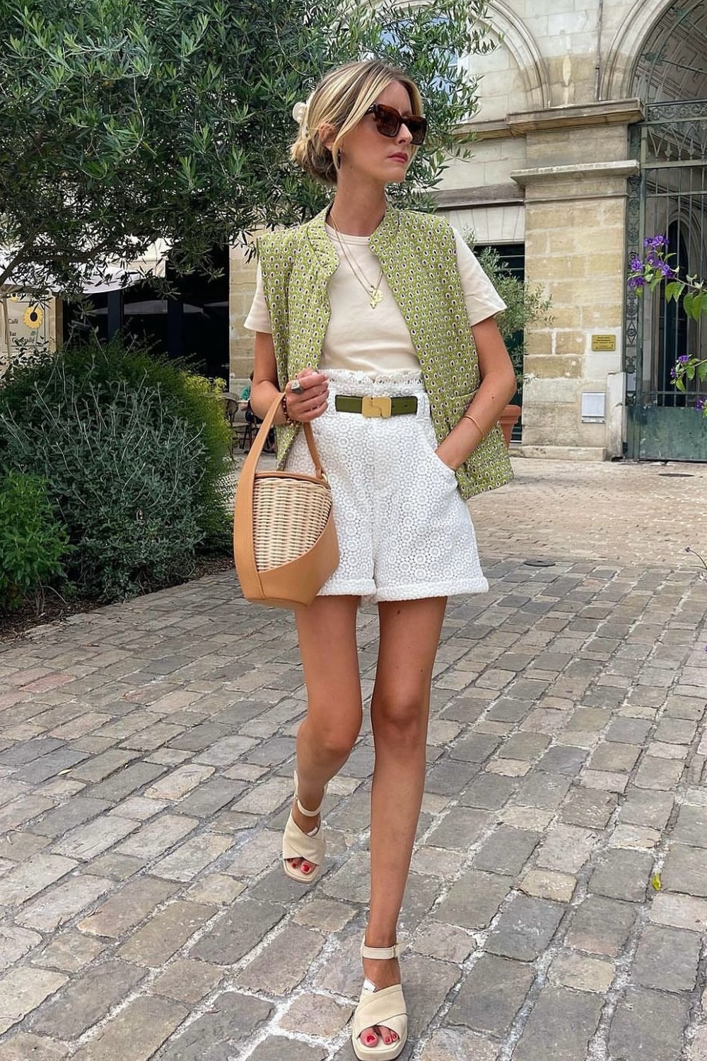 White T-Shirt, Green Patterned Vest, and White Eyelet Shorts