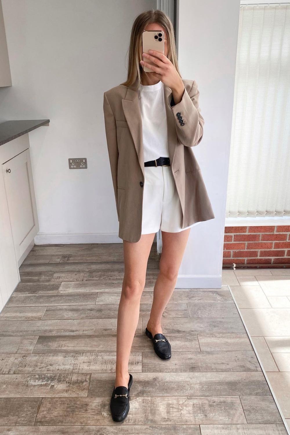 White Crew Neck T-Shirt, Shorts, and Beige Blazer