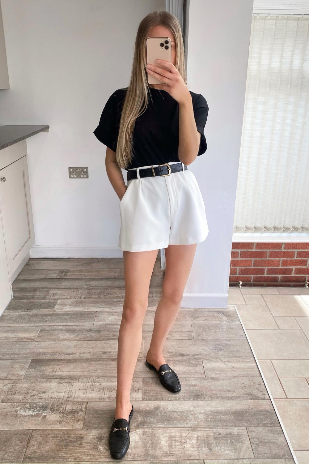 Black Crew Neck T-Shirt and White High-Waisted Shorts