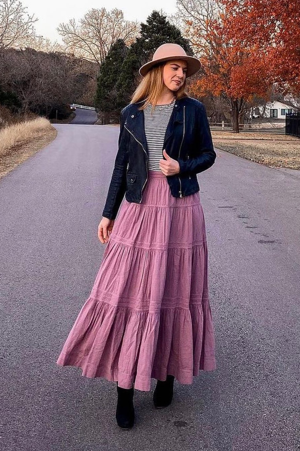 Boho Layers: Leather Jacket and Tiered Maxi