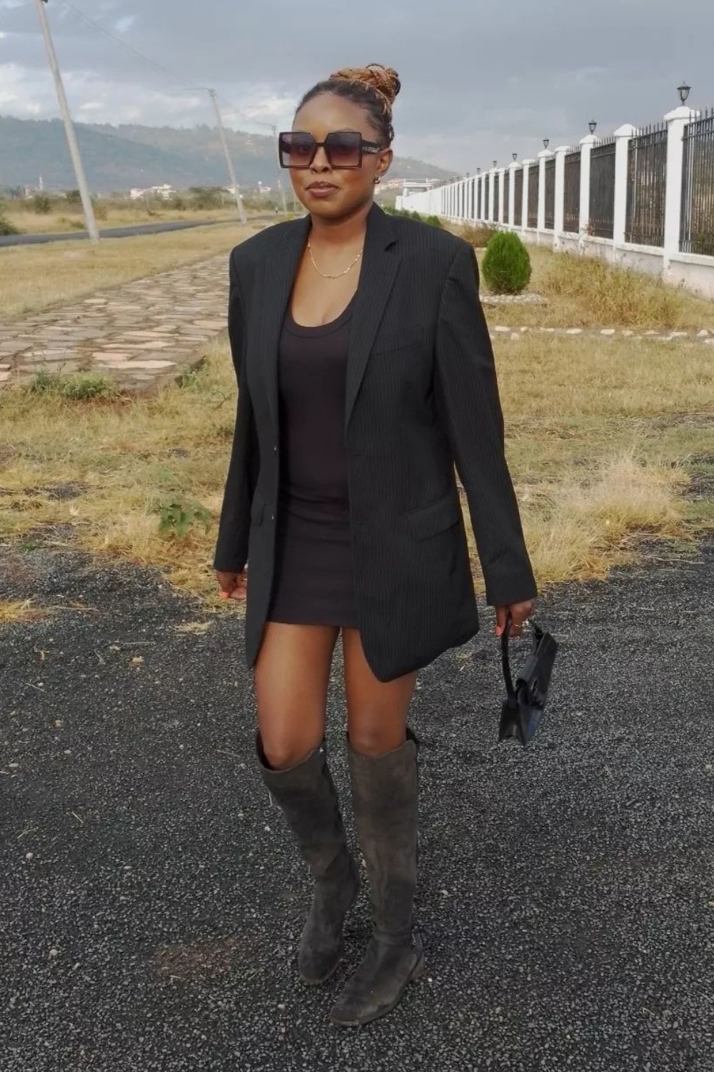 Black Blazer and Mini Dress with Knee-High Boots