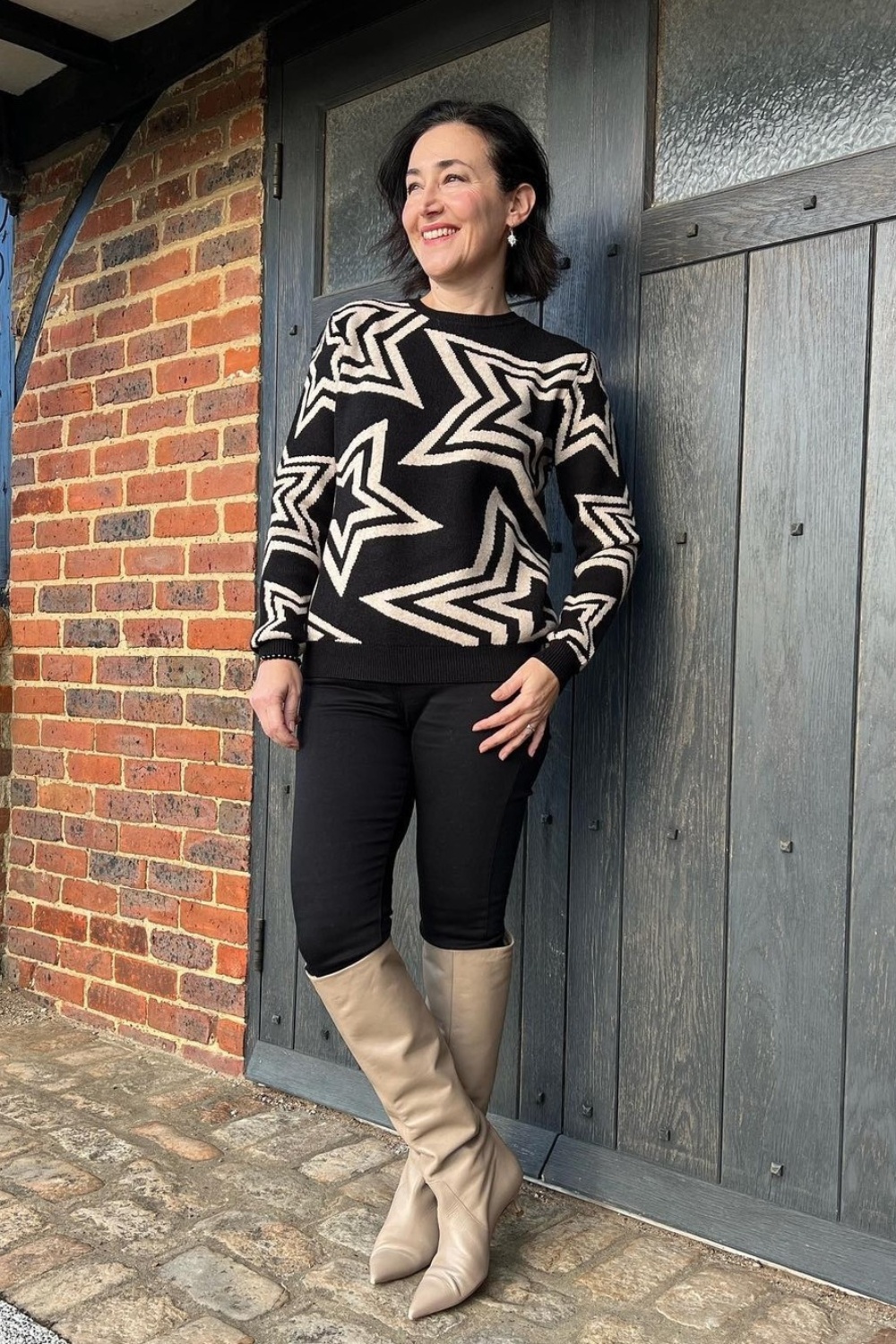 Printed Sweater with Skinny Pants and Beige Knee-High Boots