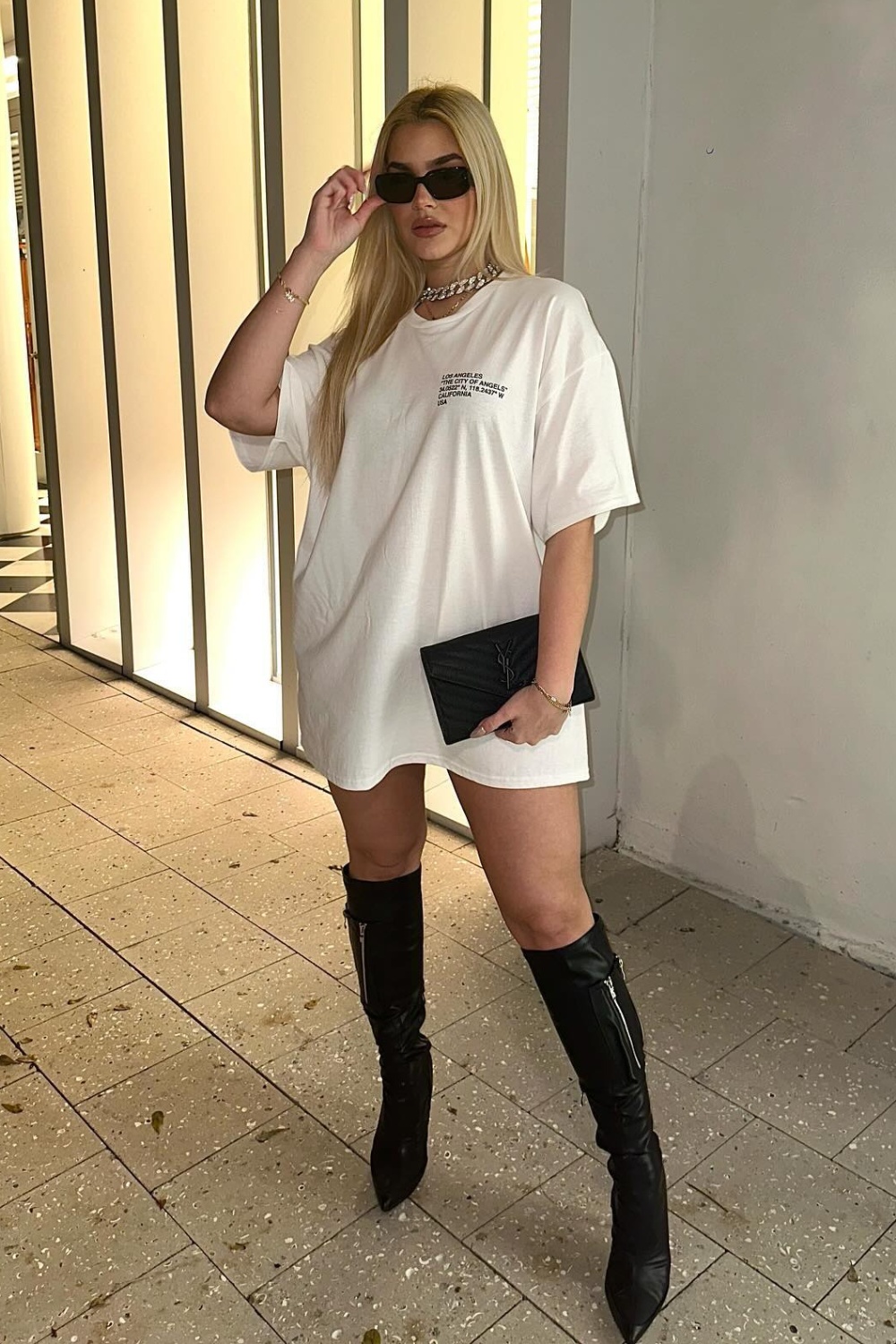 Oversized T-Shirt Dress with Knee-High Boots