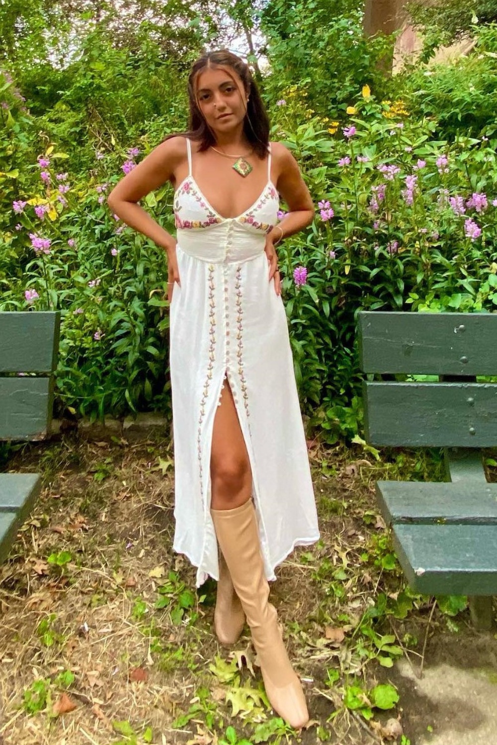 White Maxi Dress with Front Slit and Knee-High Boots