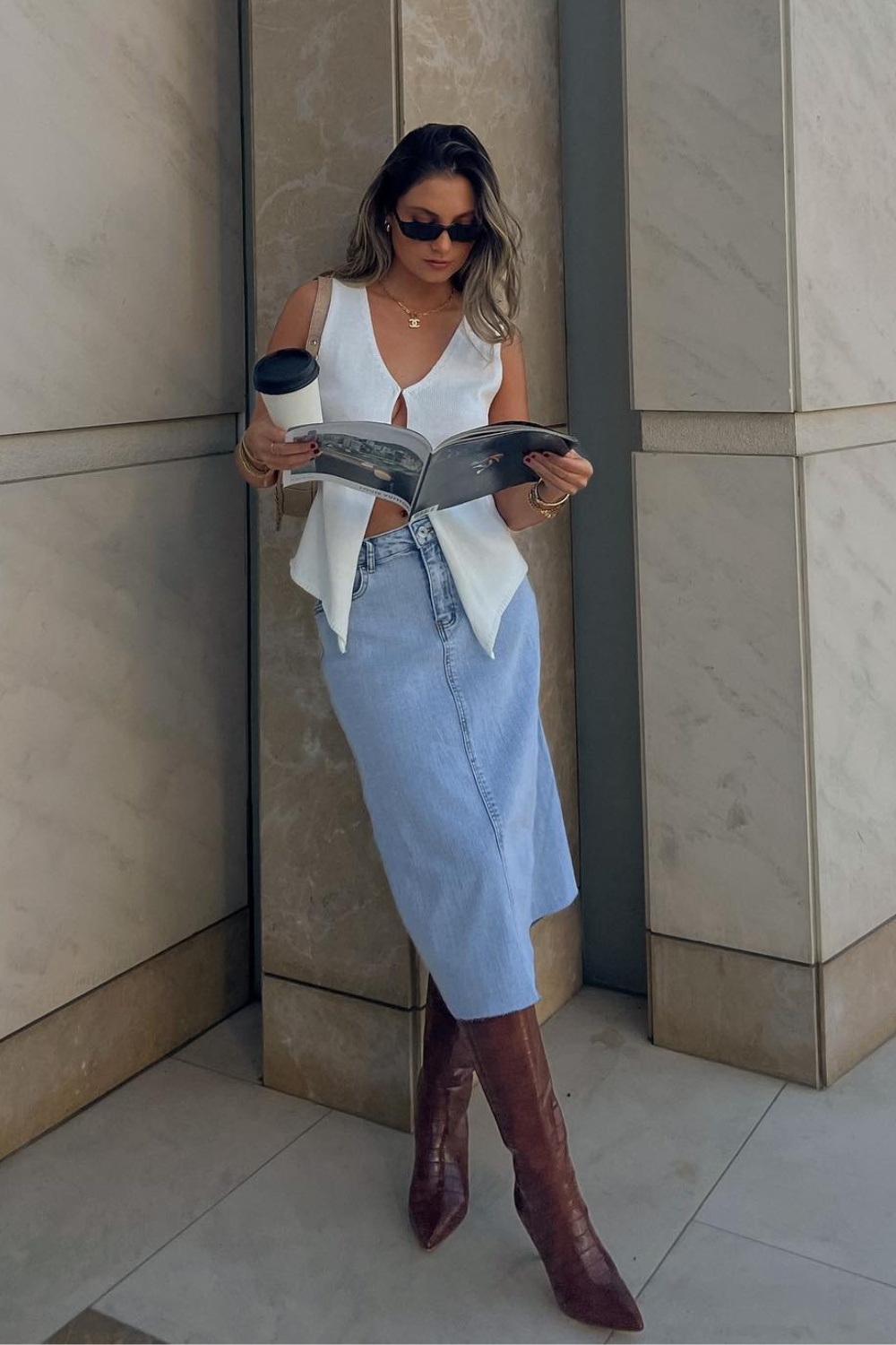 Sleeveless Top and Denim Skirt with Knee-High Boots