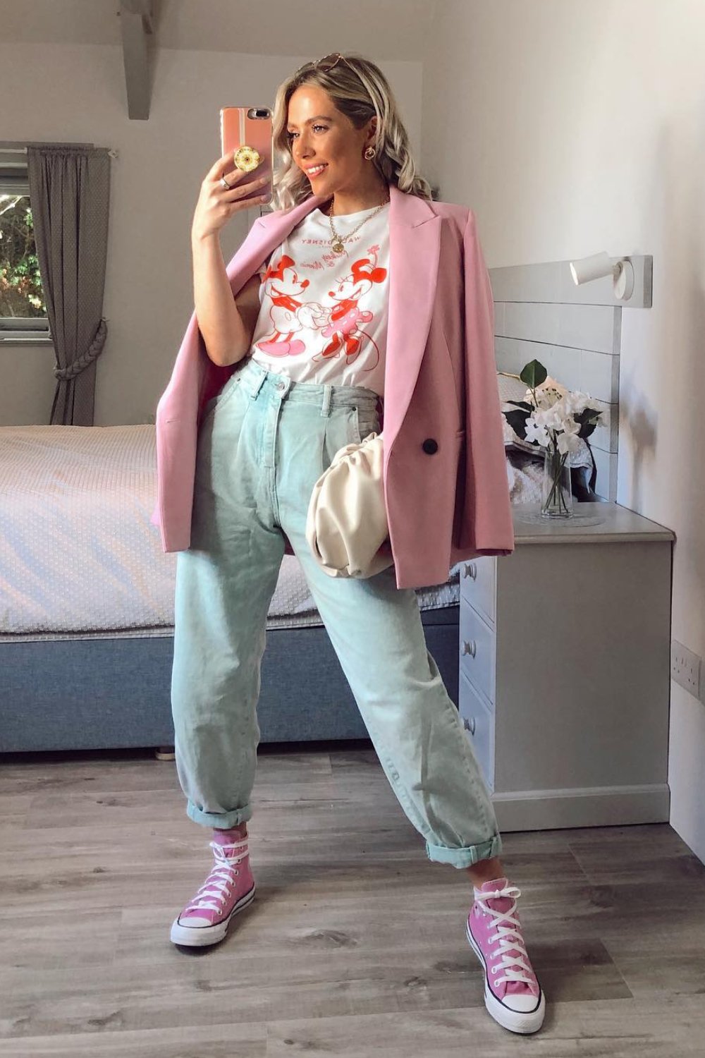 Graphic T-Shirt + Pink Oversized Blazer + Light Blue Jeans