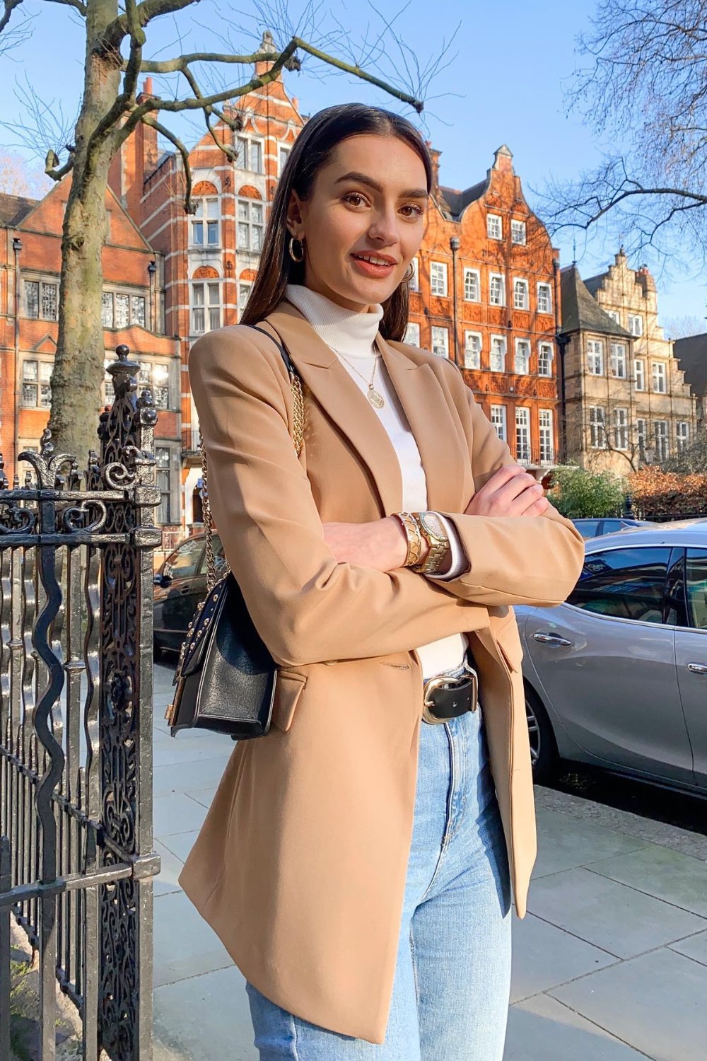 Camel Long Coat + White Turtleneck Sweater + Light Blue Jeans