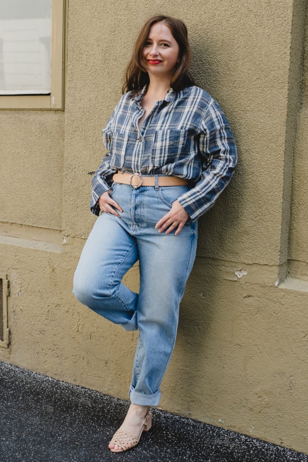 Blue Plaid Button-Up Shirt + Light Blue Jeans