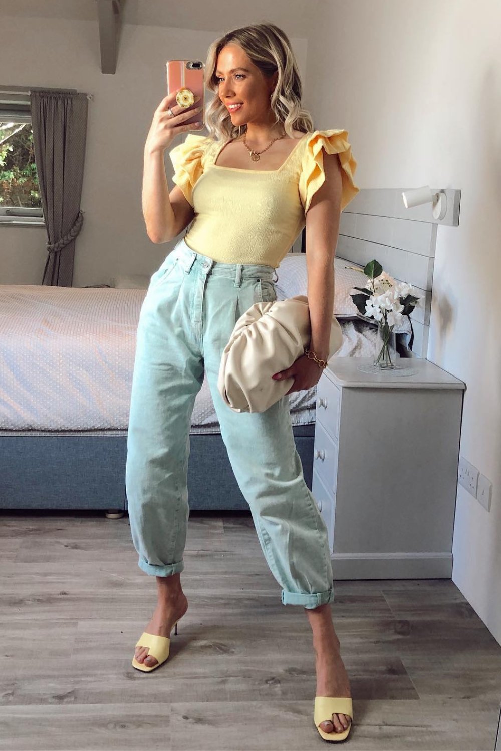 Yellow Puff-Sleeve Crop Top + Light Blue Jeans