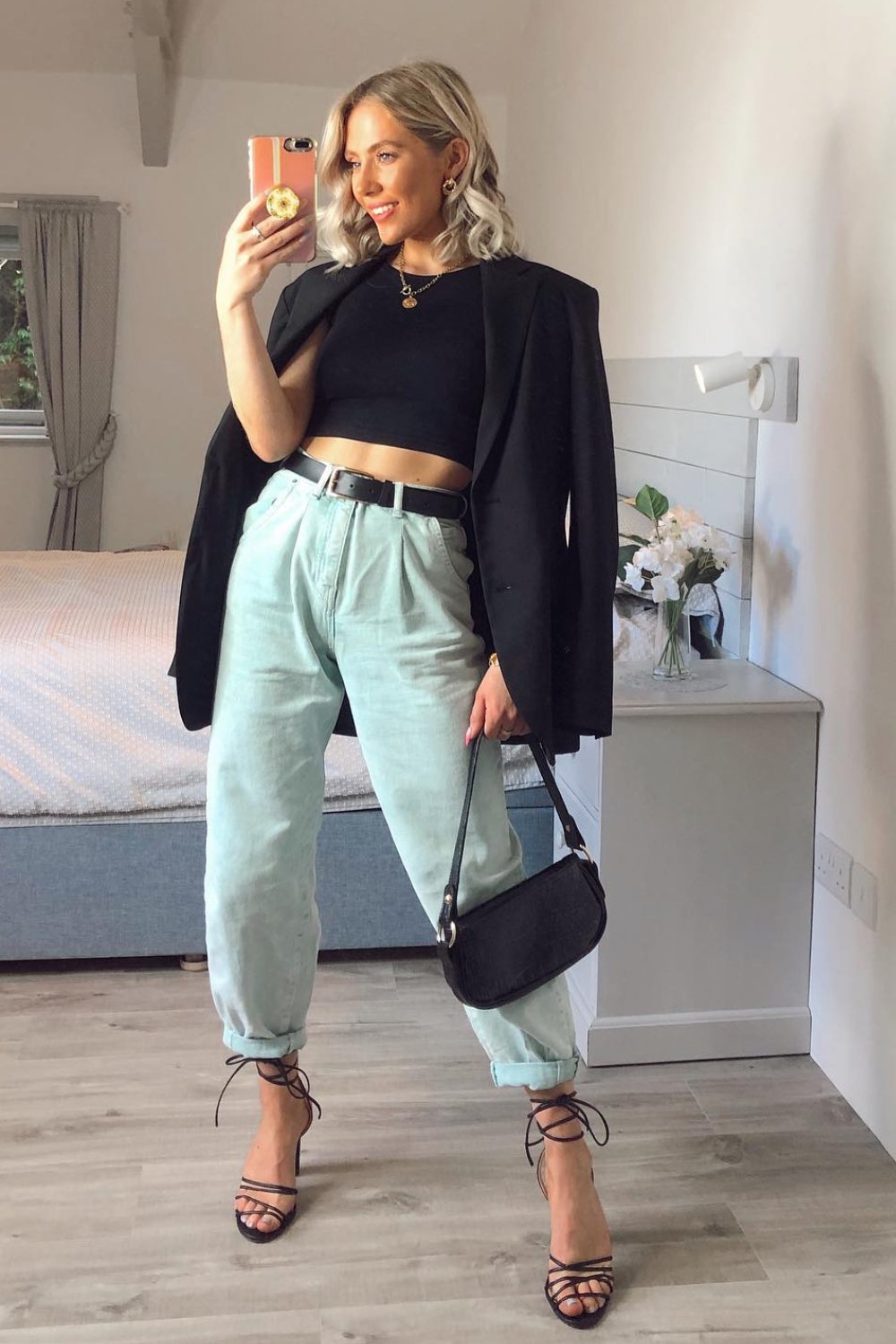 Black Crop Top + Black Oversized Blazer + Light Blue Jeans