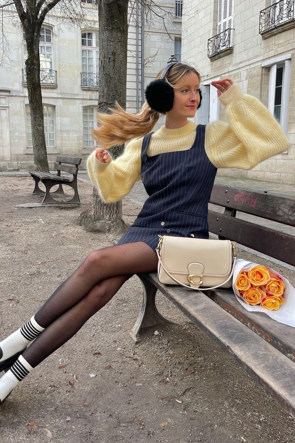 Schoolgirl Chic: Yellow Knit and Navy Pinafore