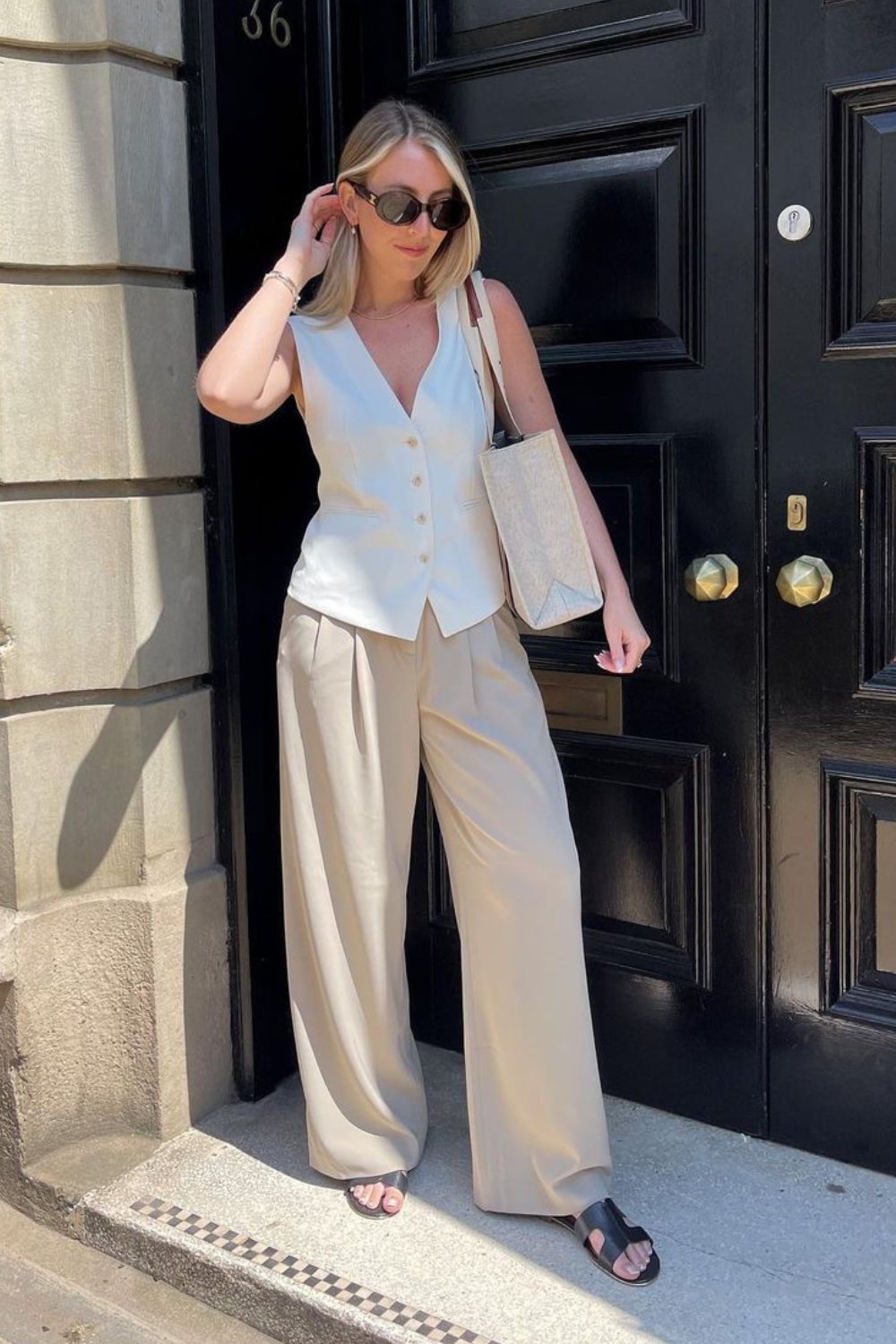 White Button-Up Vest & Beige Pants