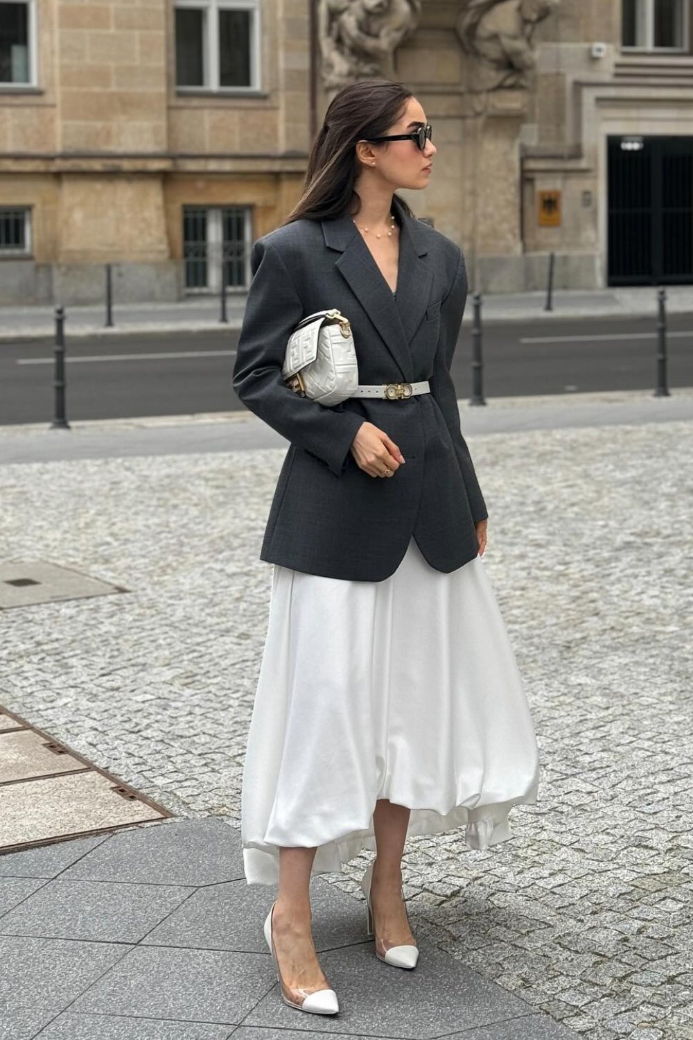 Charcoal Blazer, White Midi Skirt & Gold Belt