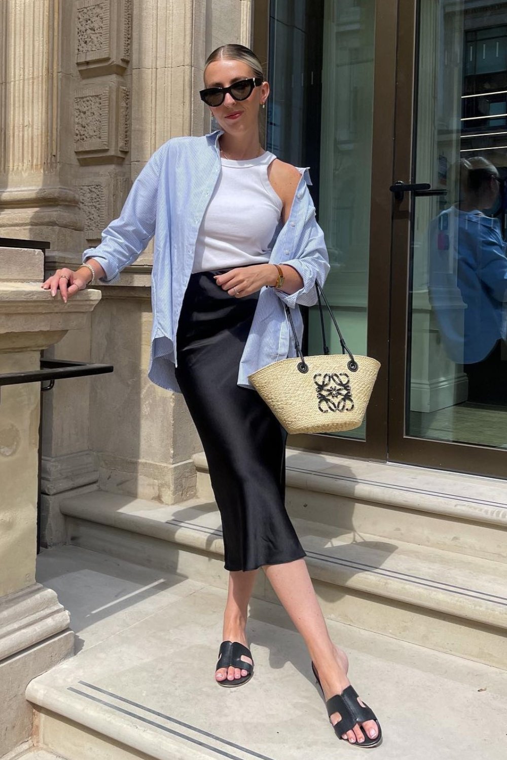 Light Blue Striped Shirt & Black Midi Skirt