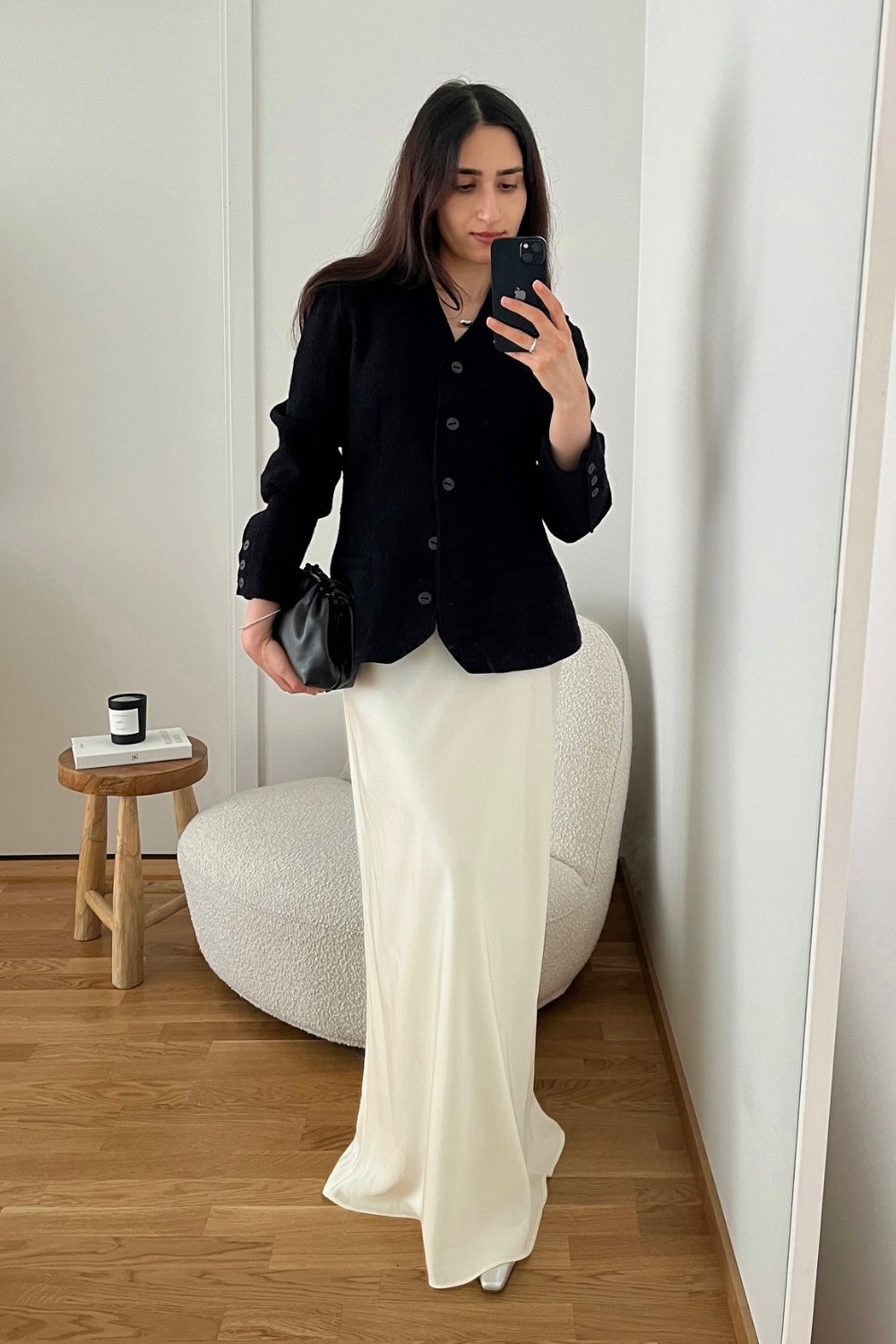 Black Fitted Blazer & Cream Long Skirt