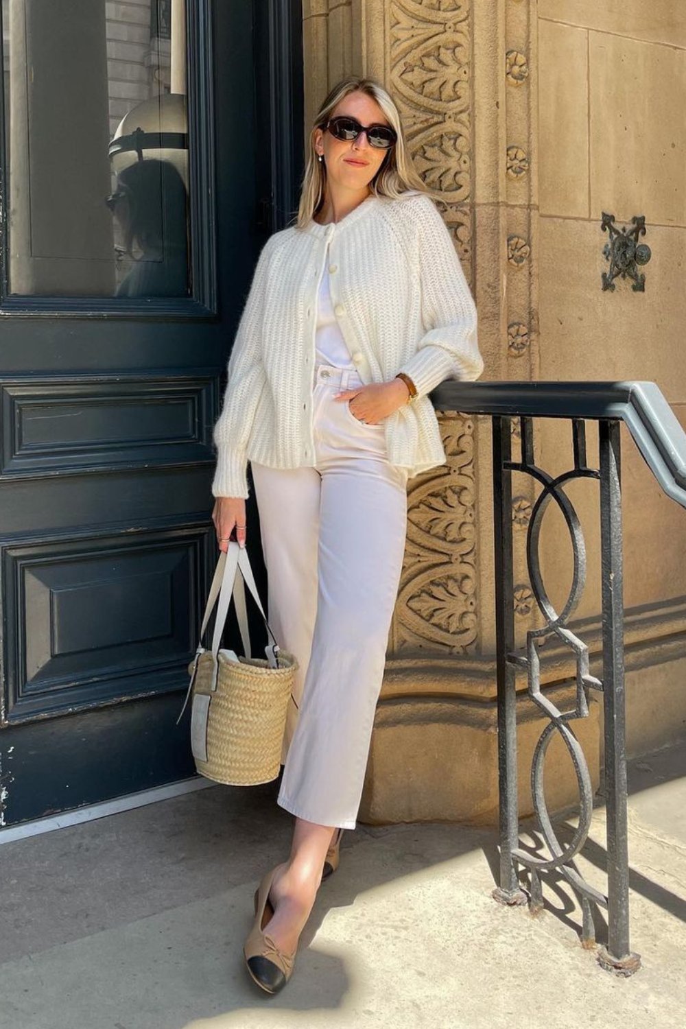 Cream Knit Cardigan & White Cropped Pants