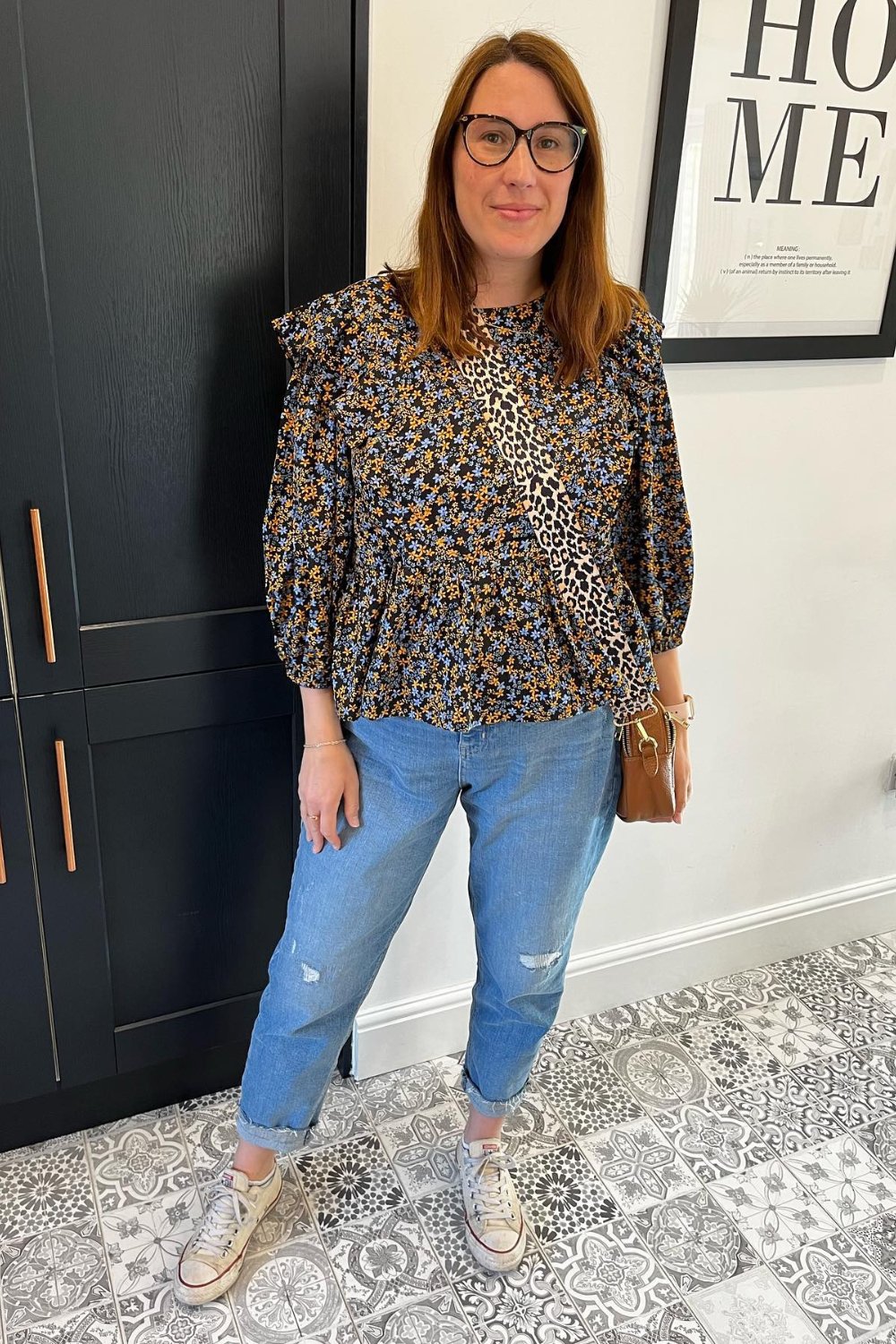 Floral Blouse and Light Wash Mom Jeans