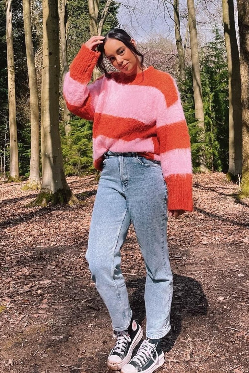 Cozy Striped Sweater and Light Wash Mom Jeans