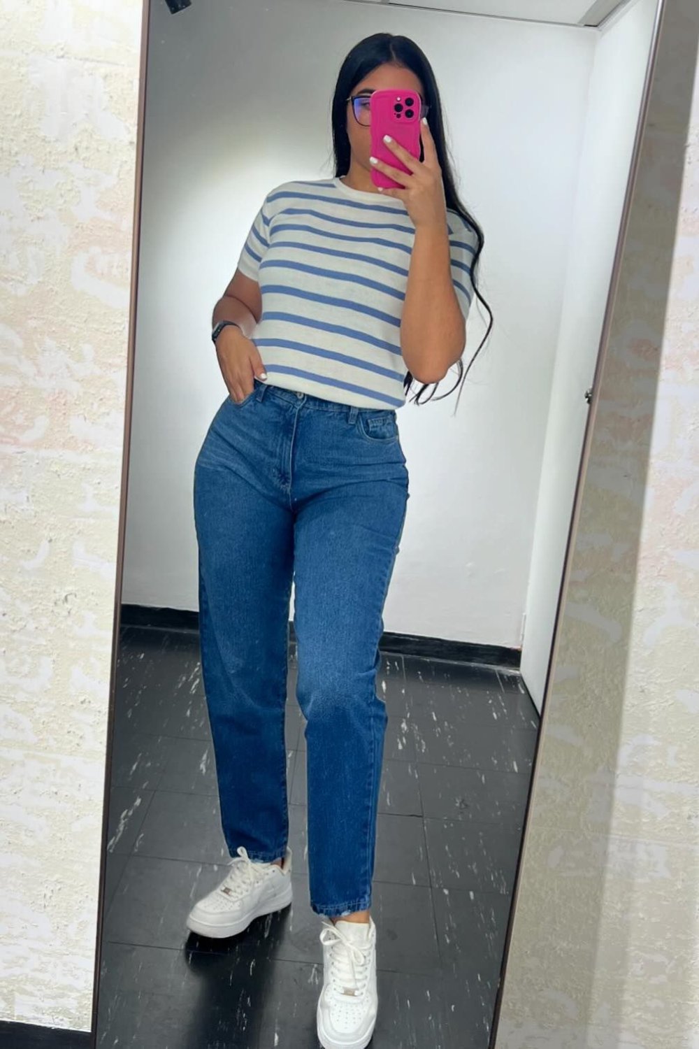 Classic Striped Tee and Dark Wash Mom Jeans