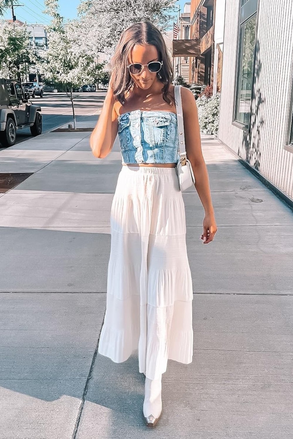 Denim Crop Top and White Skirt