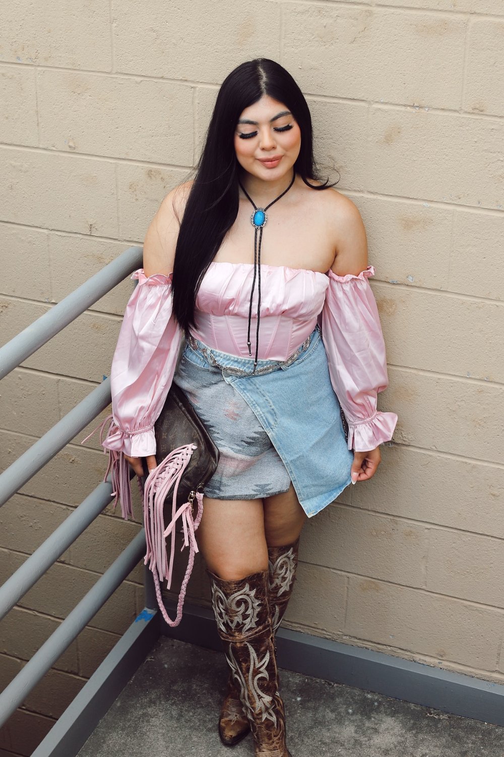 Pink Off-Shoulder Top and Denim Skirt