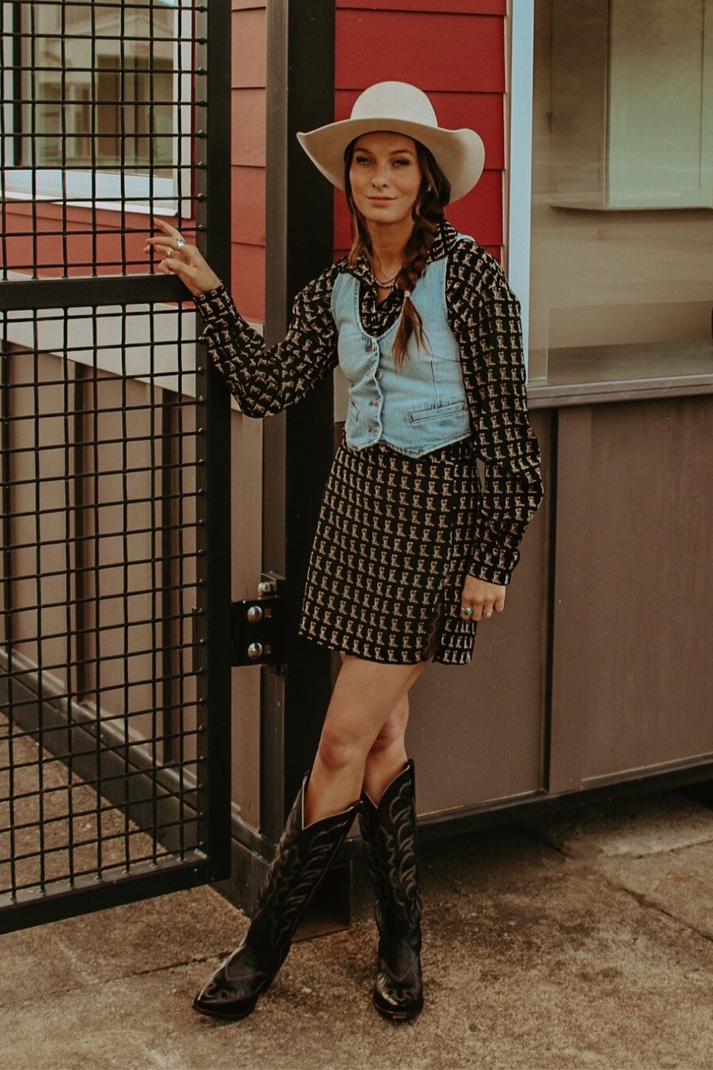 Patterned Dress with Denim Vest