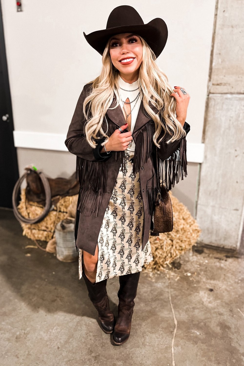 Fringe Jacket and Patterned Skirt