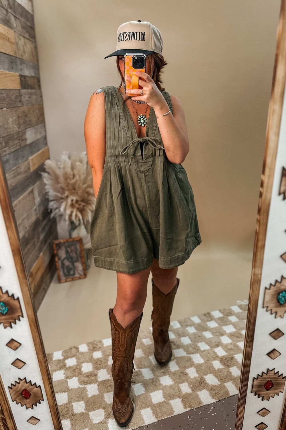 Olive Green Romper and Turquoise Necklace