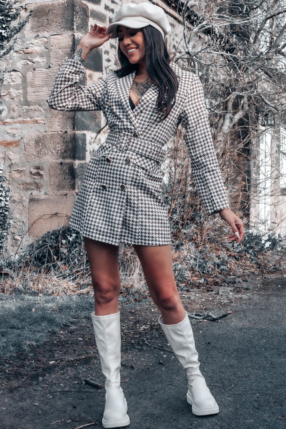 Houndstooth Blazer Dress & Knee-High White Boots