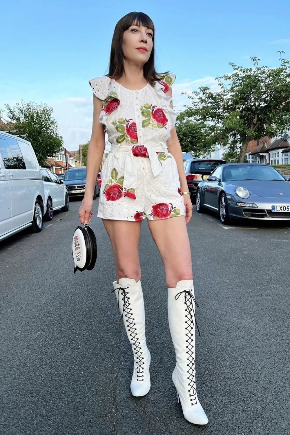 White Printed Romper & Lace-Up Knee-High Boots