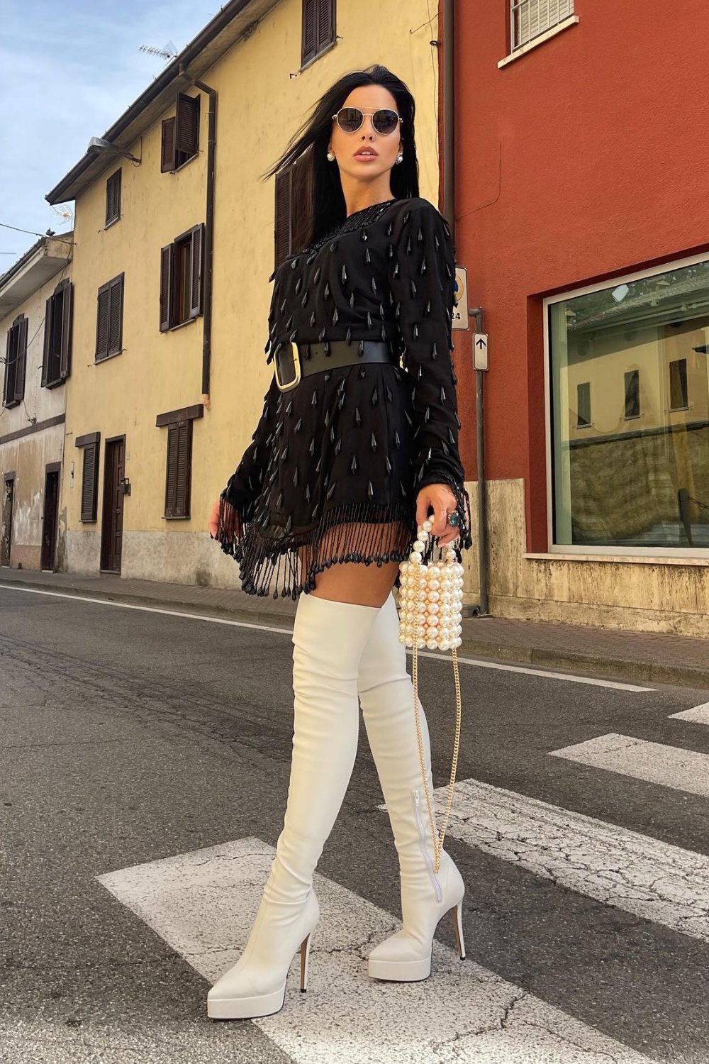 Fringed Black Dress & Thigh-High White Boots