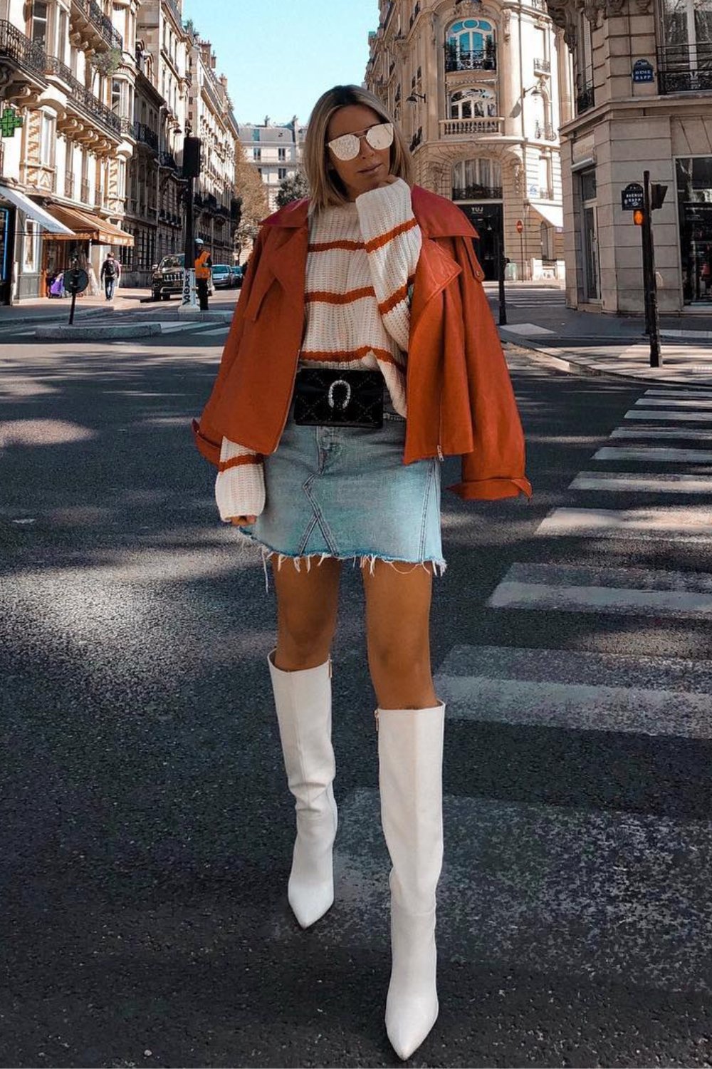 Orange Jacket, Striped Sweater, Denim Skirt & Knee-High Boots