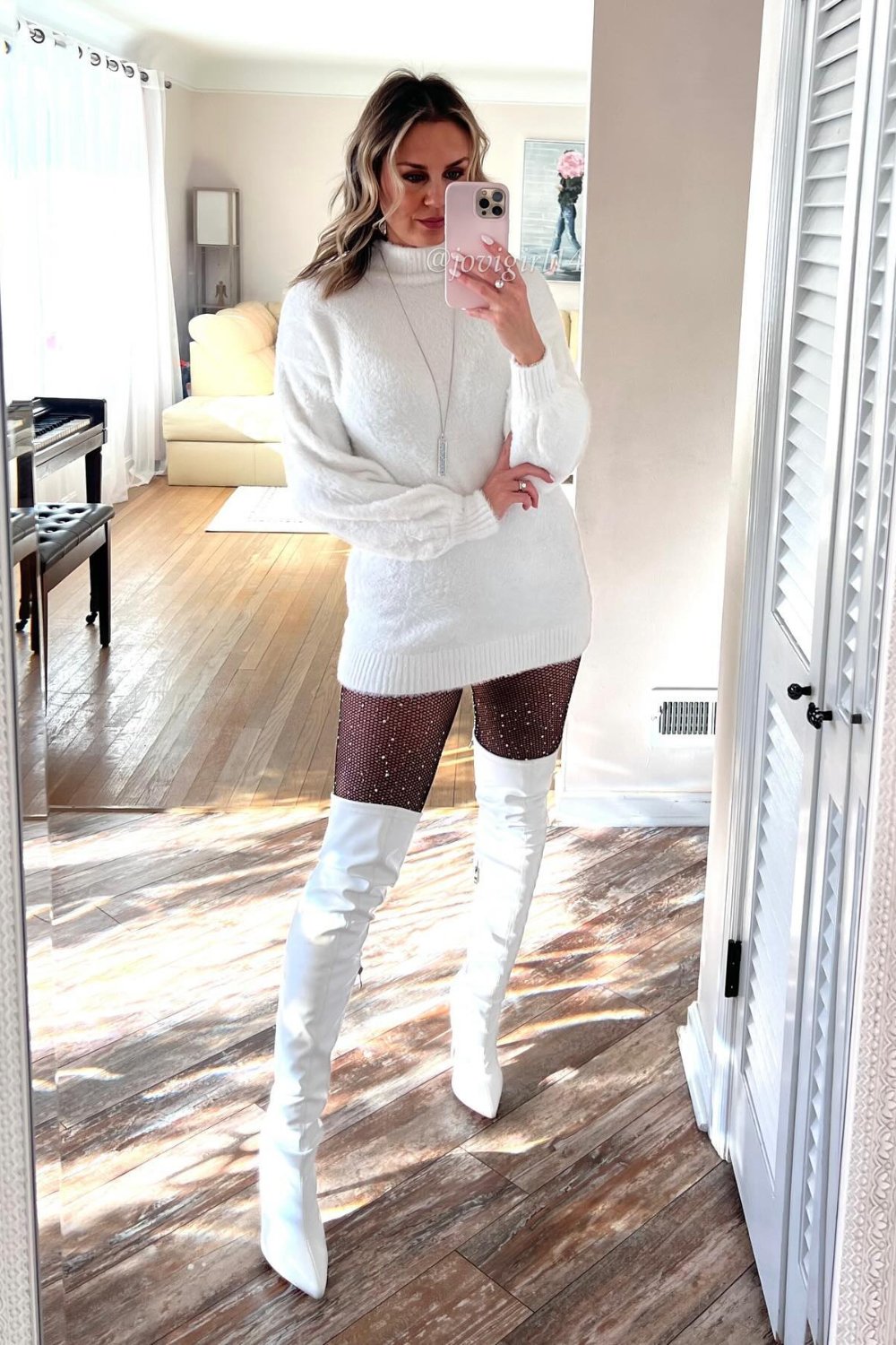 Oversized Sweater, Sequin Tights & Thigh-High Boots