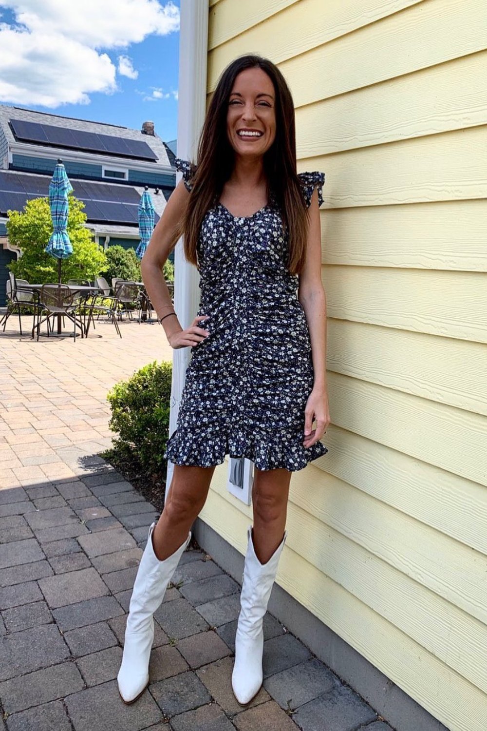 Dark Floral Mini Dress & Knee-High White Boots