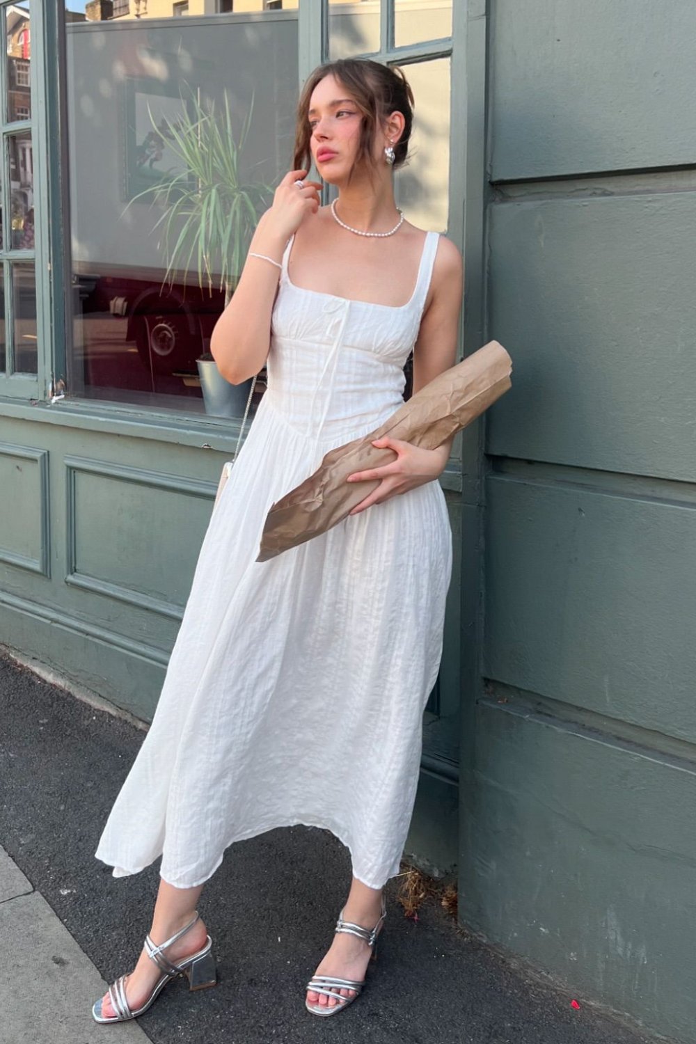 White Linen Maxi Dress, Pearl Necklace, and Square Neckline