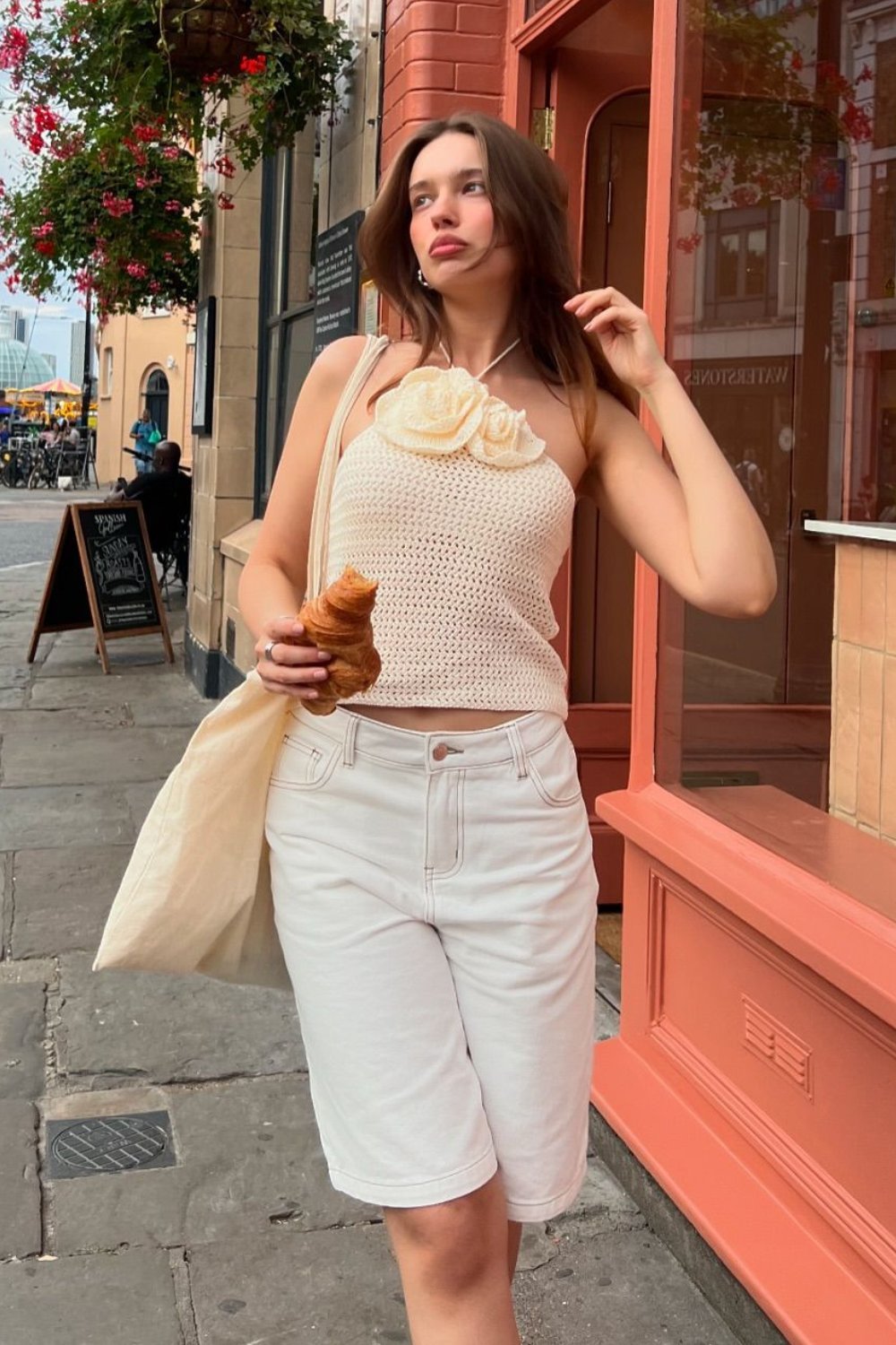 Cream Crochet Crop Top and White Denim Shorts