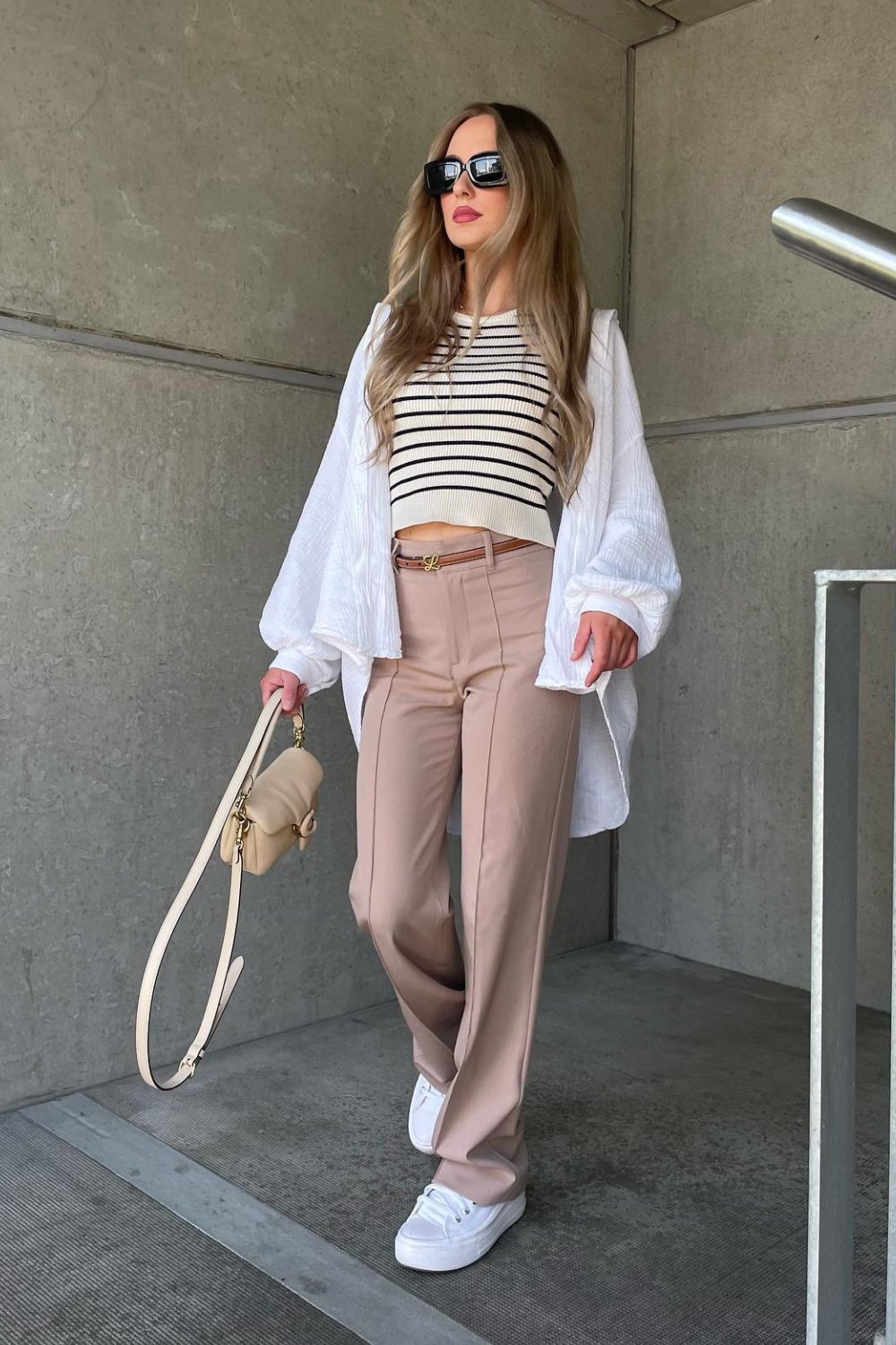 White striped crop top with an oversized shirt