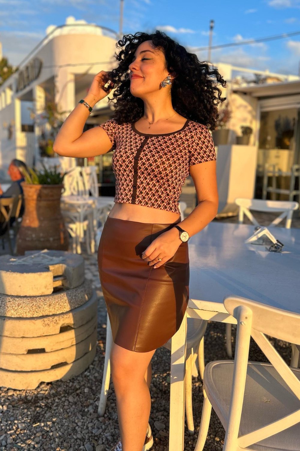 Patterned Crop Top and Leather Midi Skirt Set