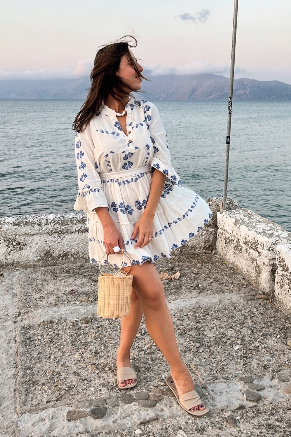 Blue and White Floral Print Tiered Maxi Dress