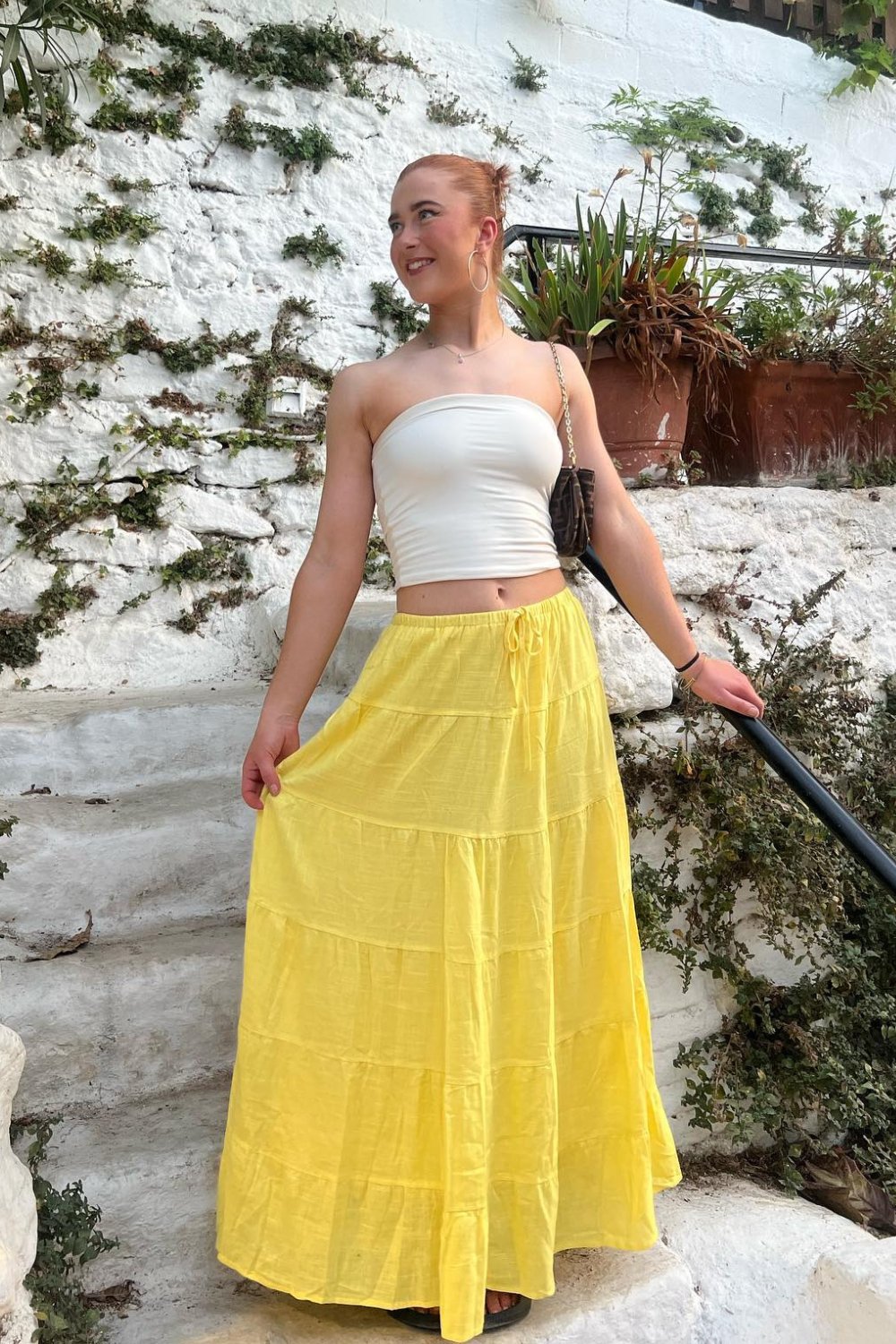 Yellow Tiered Maxi Skirt and White Crop Top Set