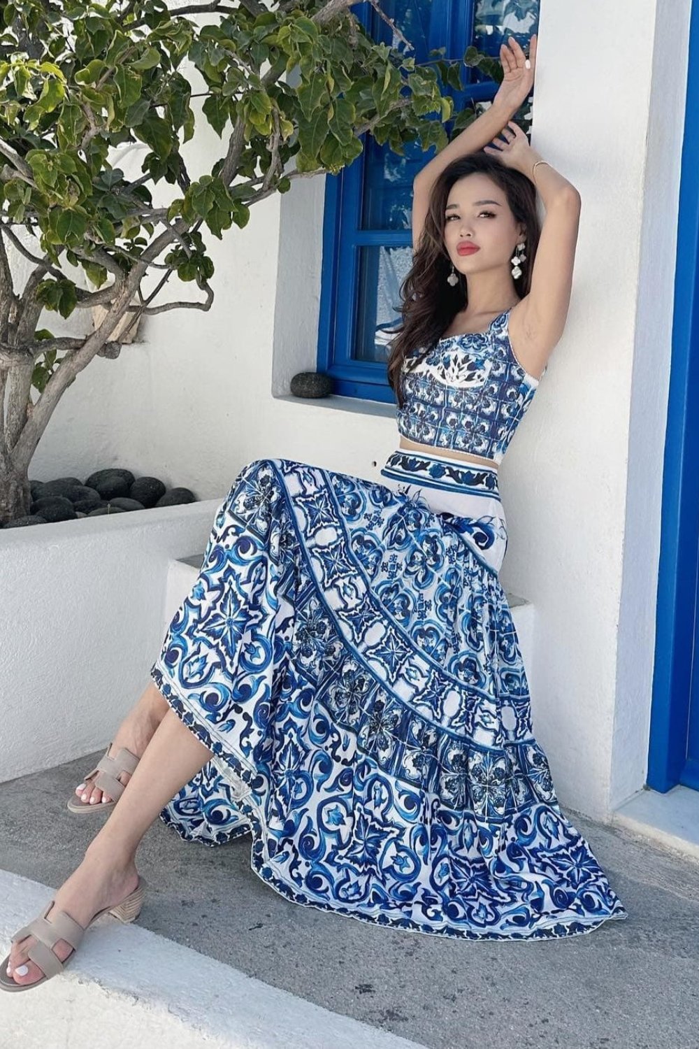 Blue and White Patterned Crop Top and Maxi Skirt Set