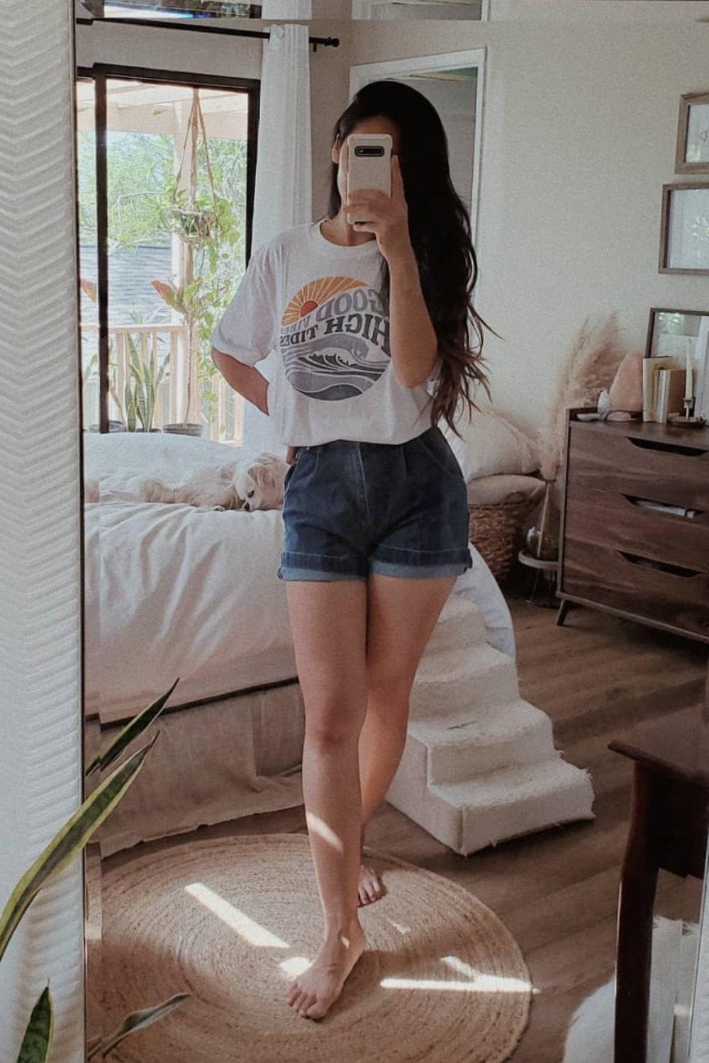 White Graphic Tee and Denim Shorts