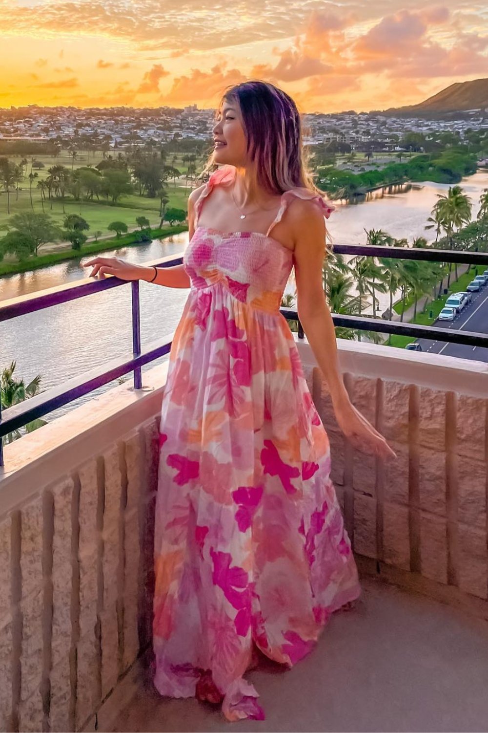 Pink Floral Maxi Dress with Empire Waist