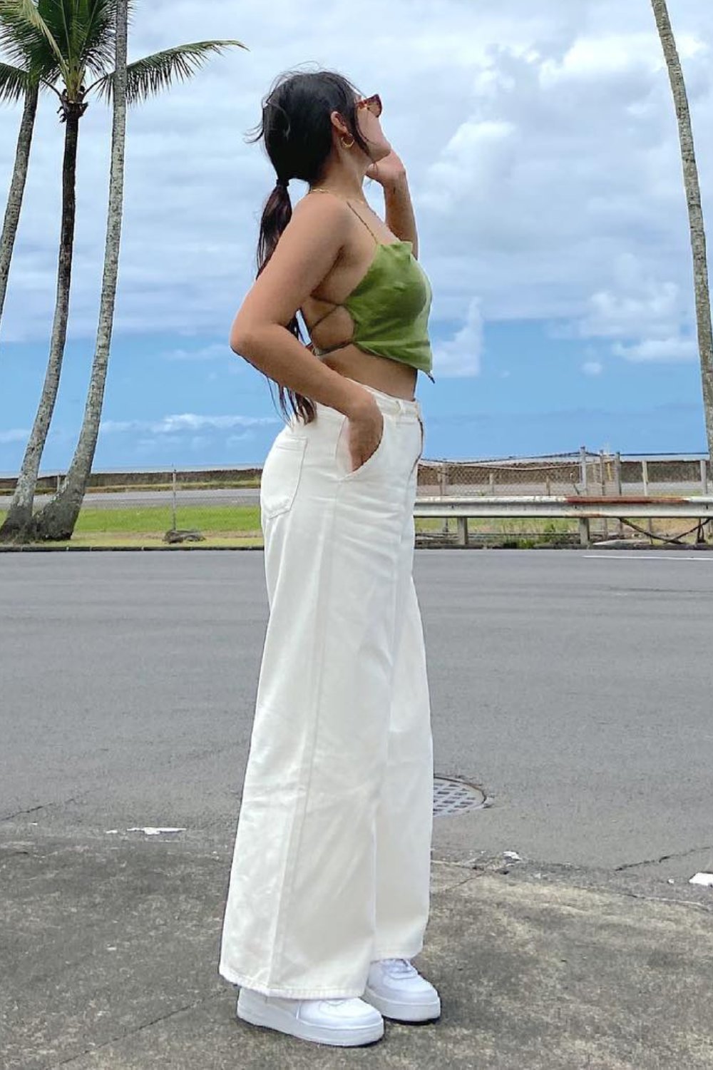 Green Cropped Tank and White Wide Leg Pants with Sneakers