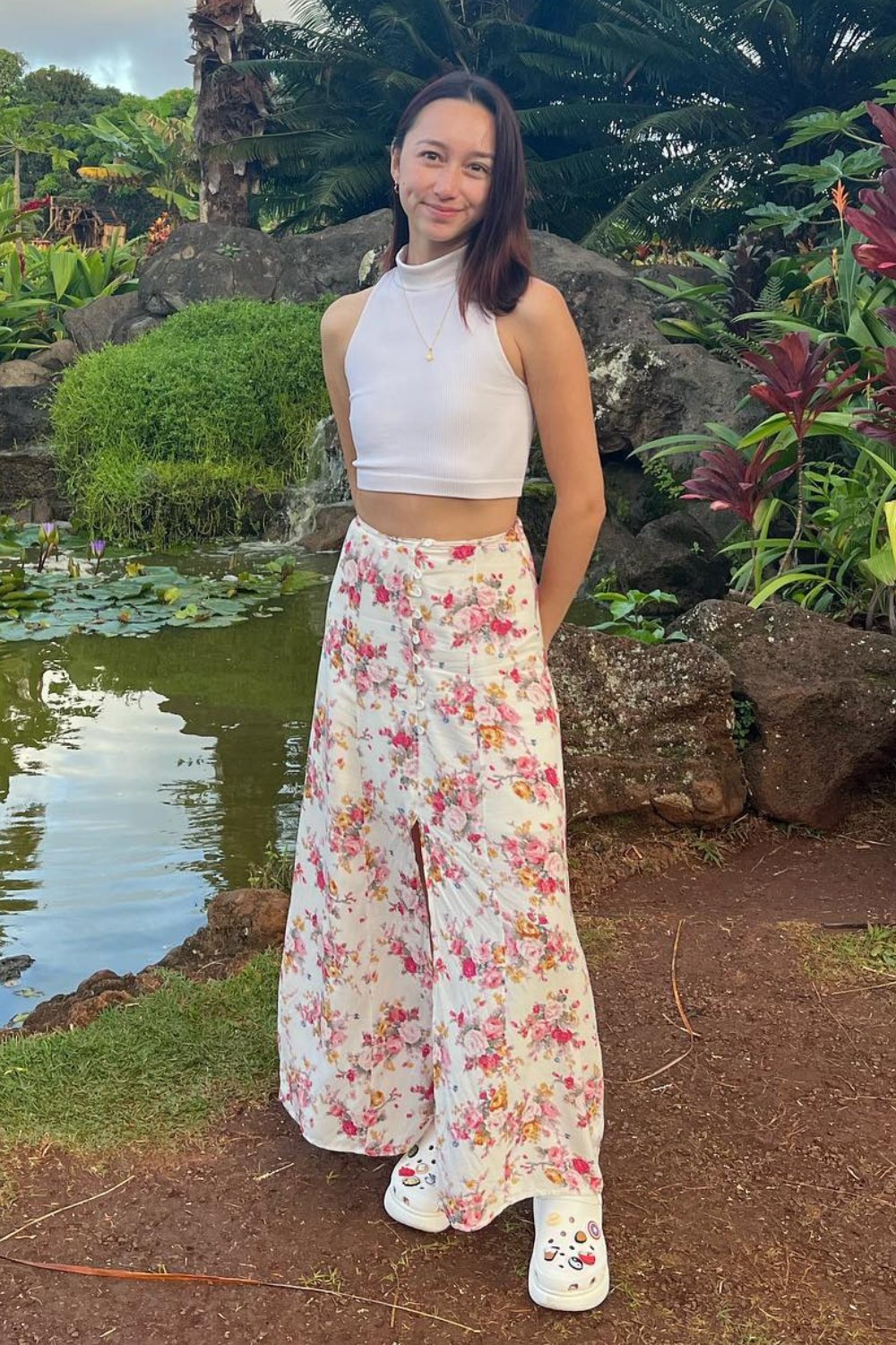 White Halter Crop Top and Floral Wide Leg Pants