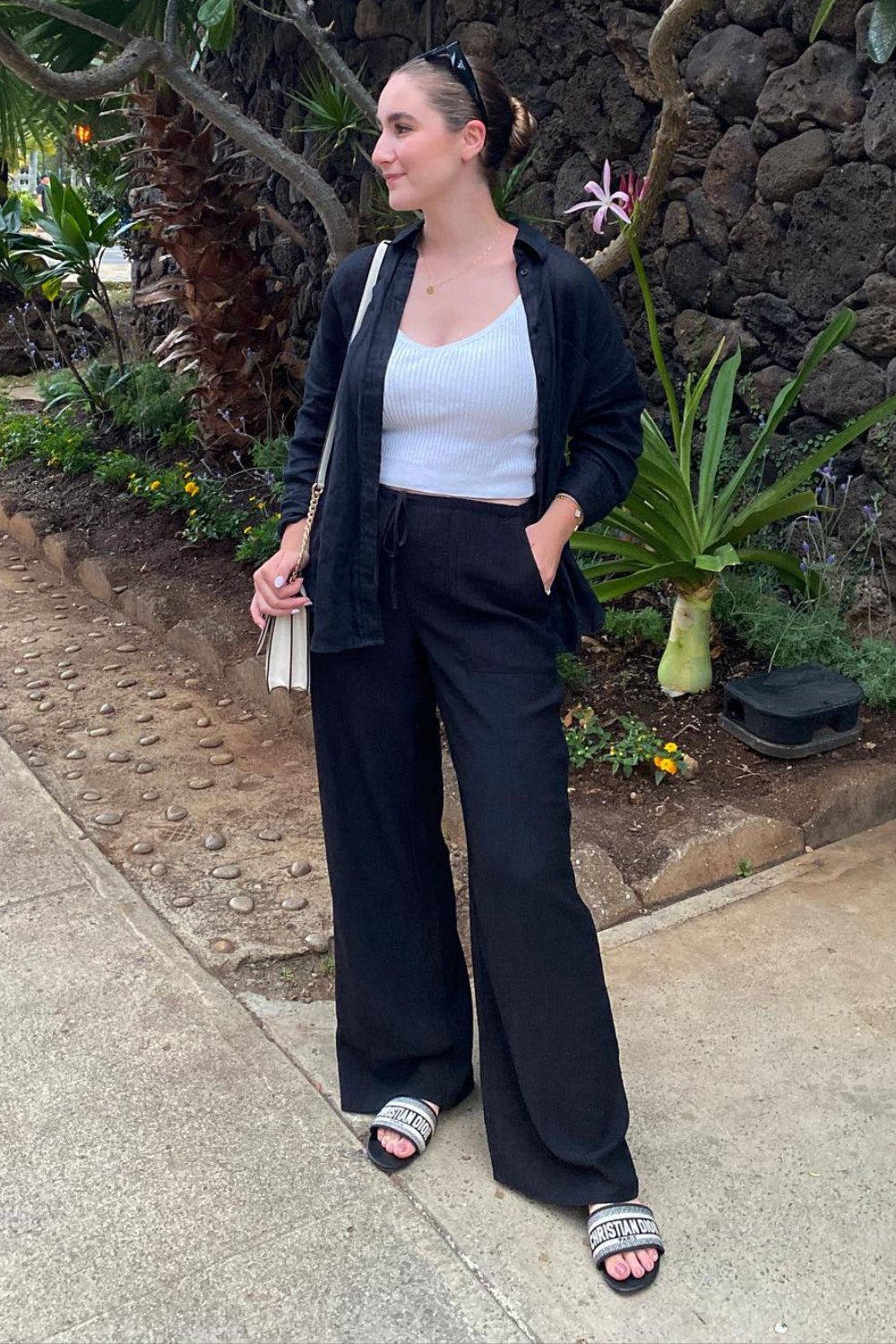 White Ribbed Crop Top, Open Black Shirt and Black Wide Leg Pants