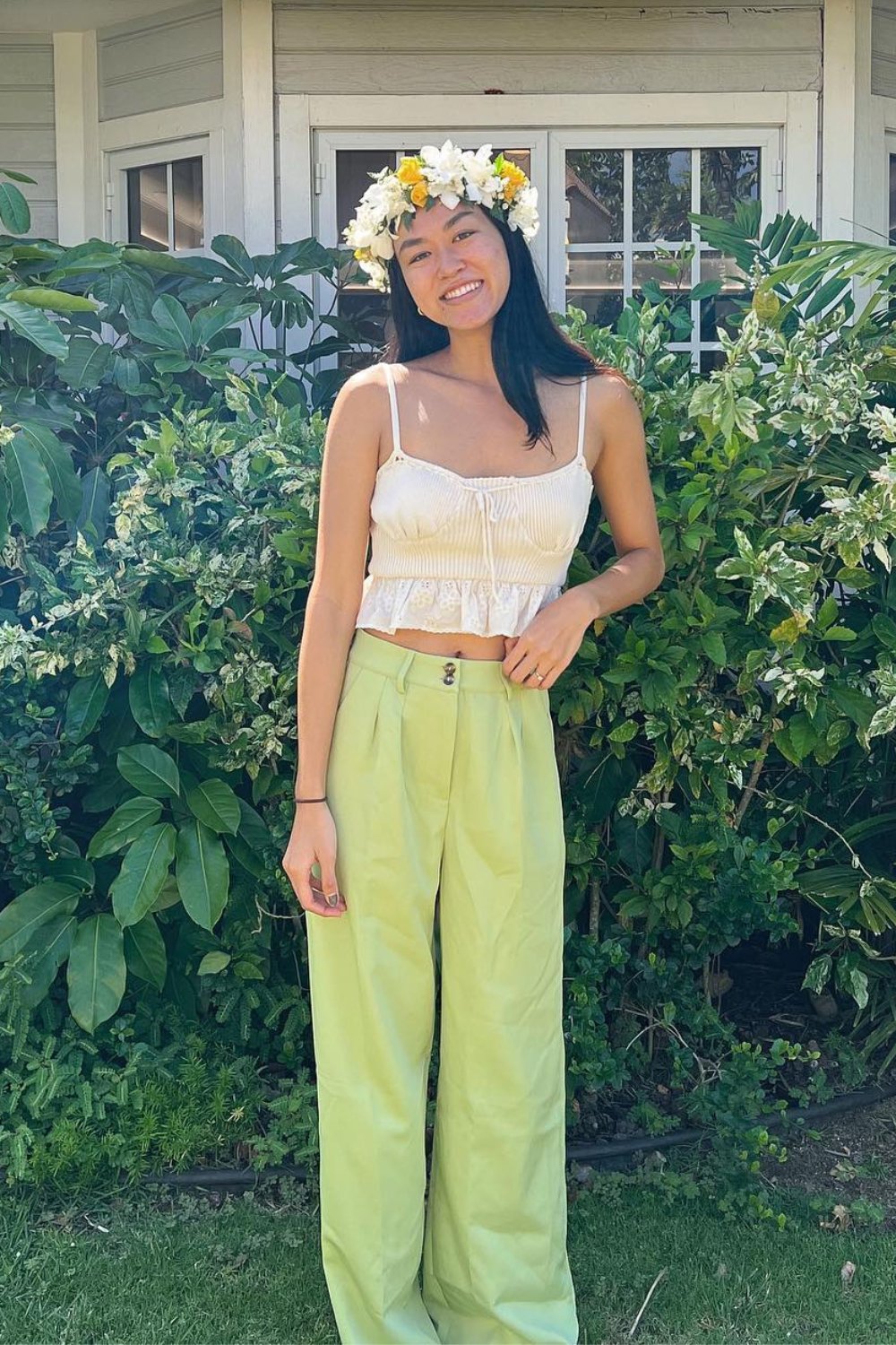 White Cropped Camisole Top and Green Pants